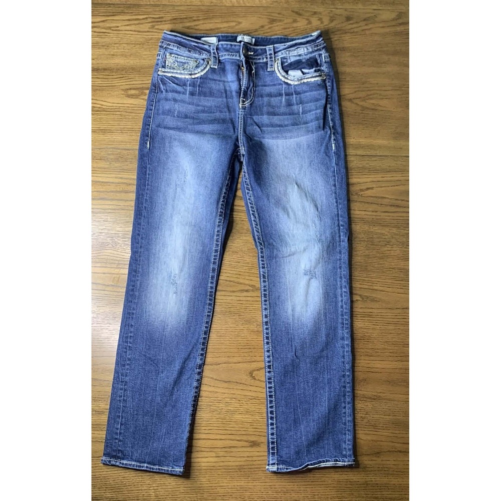 Vigoss Girls Blue Denim Straight Leg Embellished Pocket Jeans Size 14
